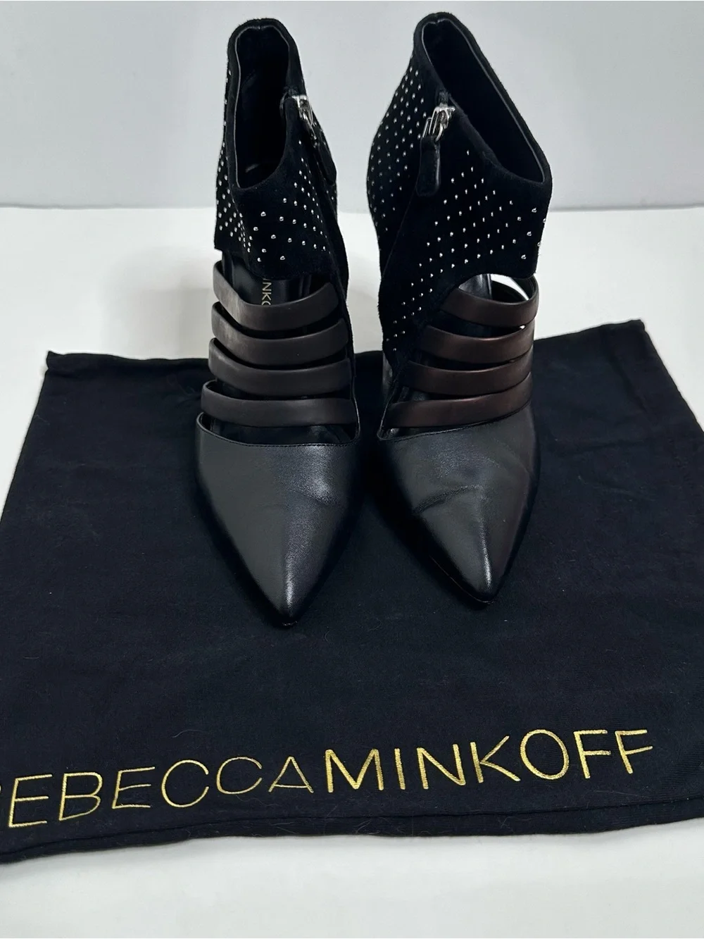 Rebecca Minkoff Caesar Studded Heels Black Leather & Suede Size 8